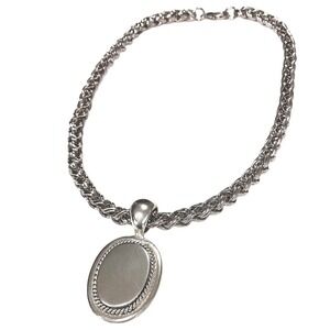 Vintage Silver Tone Necklace Oval Pendant Braided Chain Statement